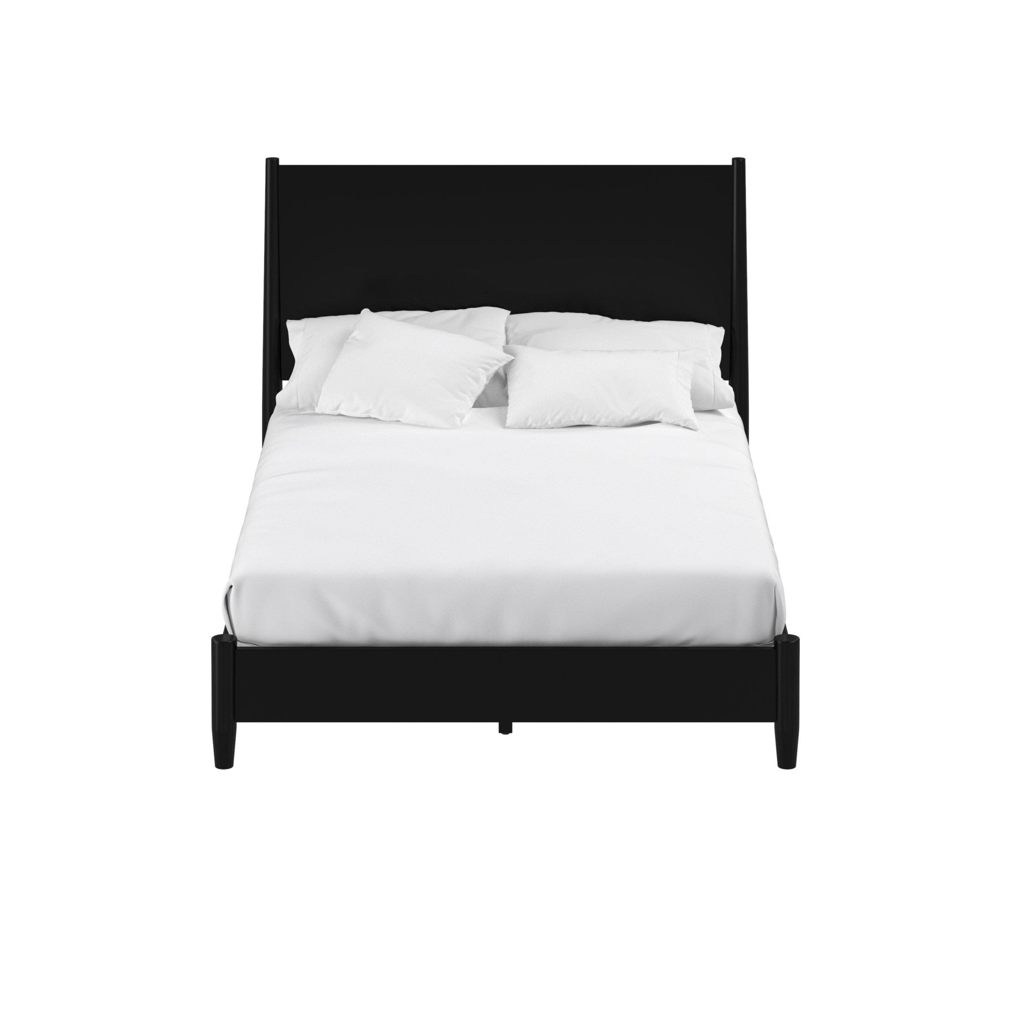 Black wood king bed frame with tall headboard and low footboard, shown with bedding.