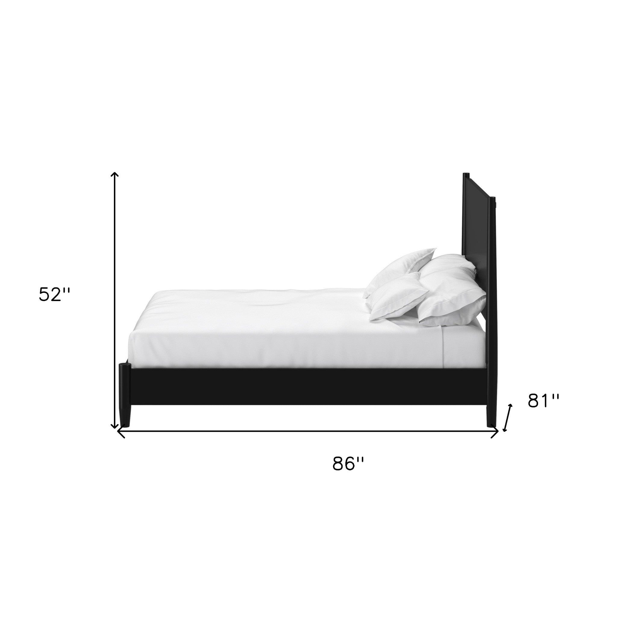 Black king bed frame dimensions: 86" long, 81" high, 52" wide, with white bedding.