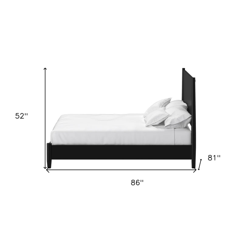 Black king bed frame dimensions: 86" long, 81" high, 52" wide, with white bedding.