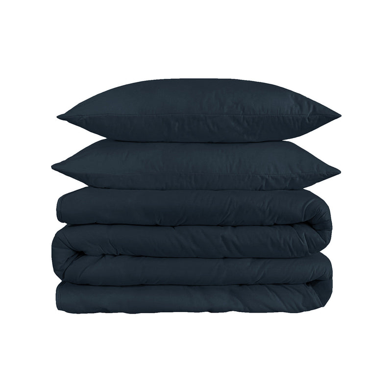 Navy king duvet cover set folded stack, layered bedding set