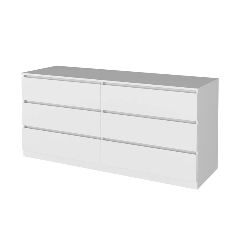 White dresser with gray top and multiple drawers