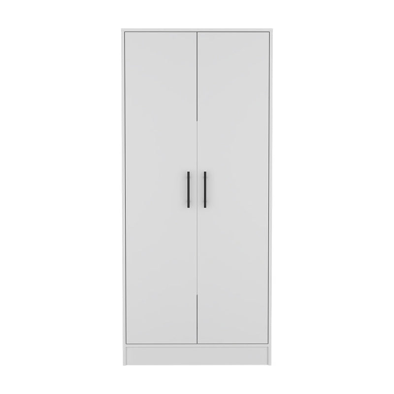 White wardrobe cabinet with two panel doors and metal bar handles