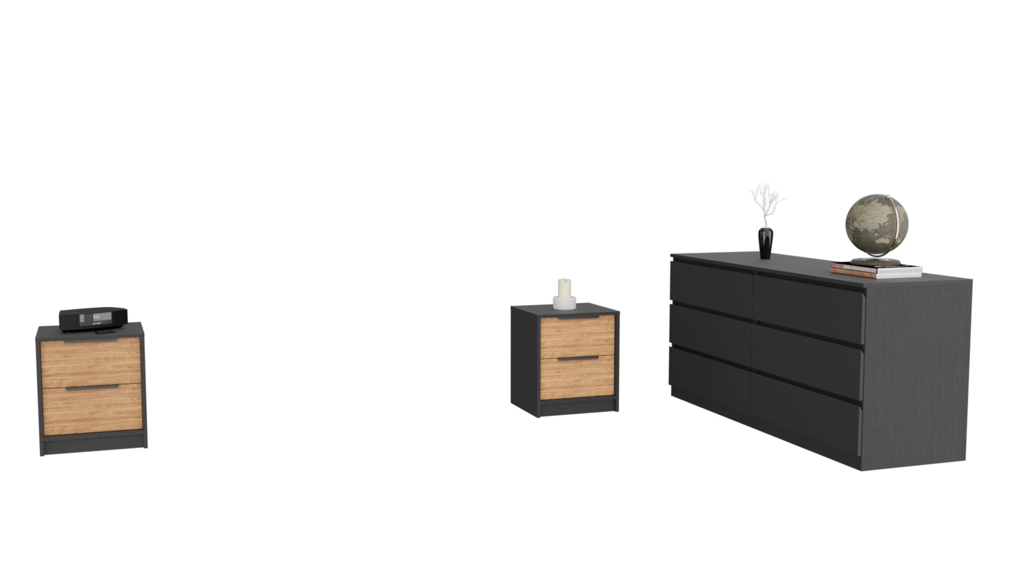 Brown and black bedroom set with a drawer nightstand and matching dresser