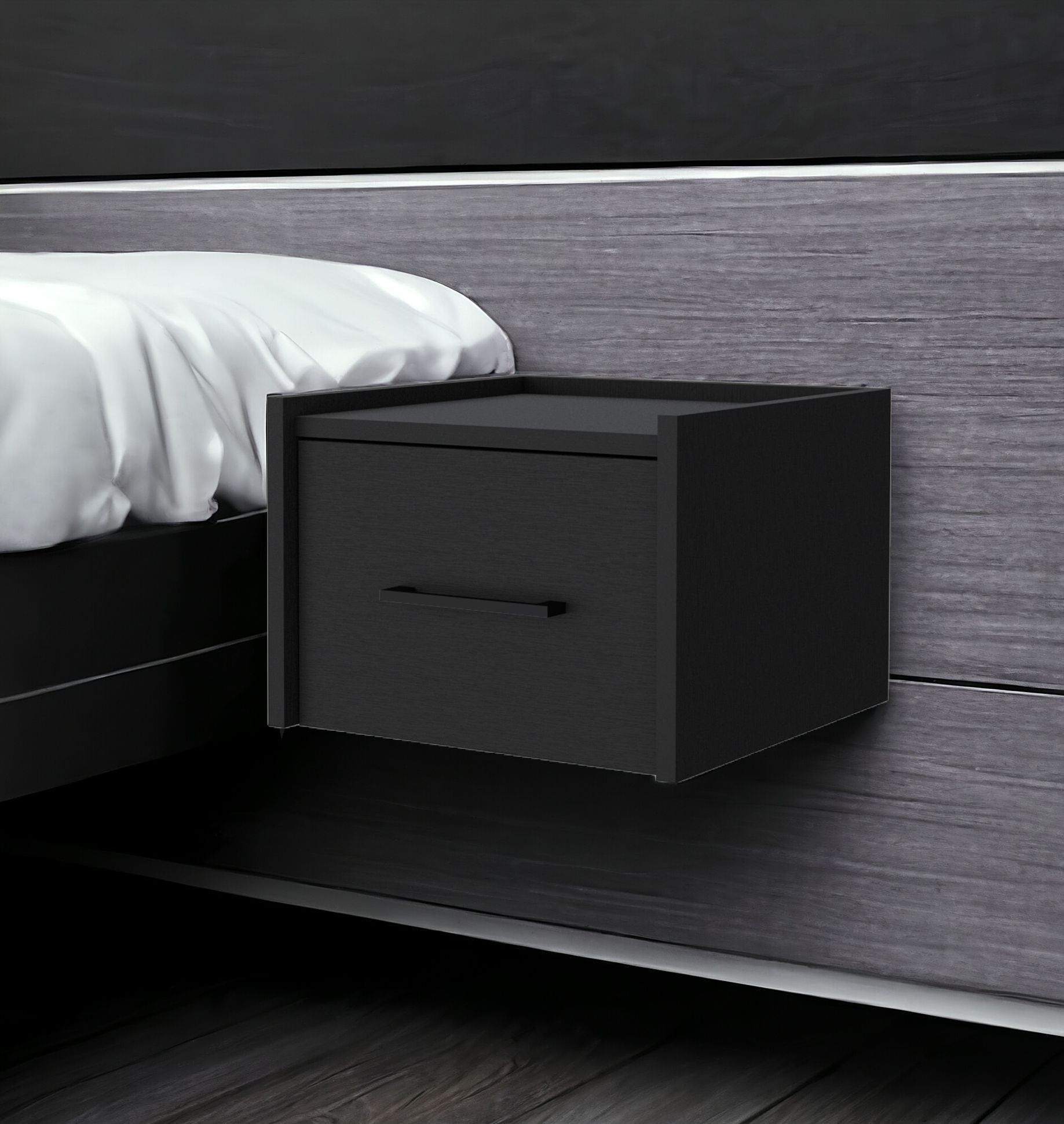 10" Black Wood One Drawer Floating Nightstand - GreatEagleInc