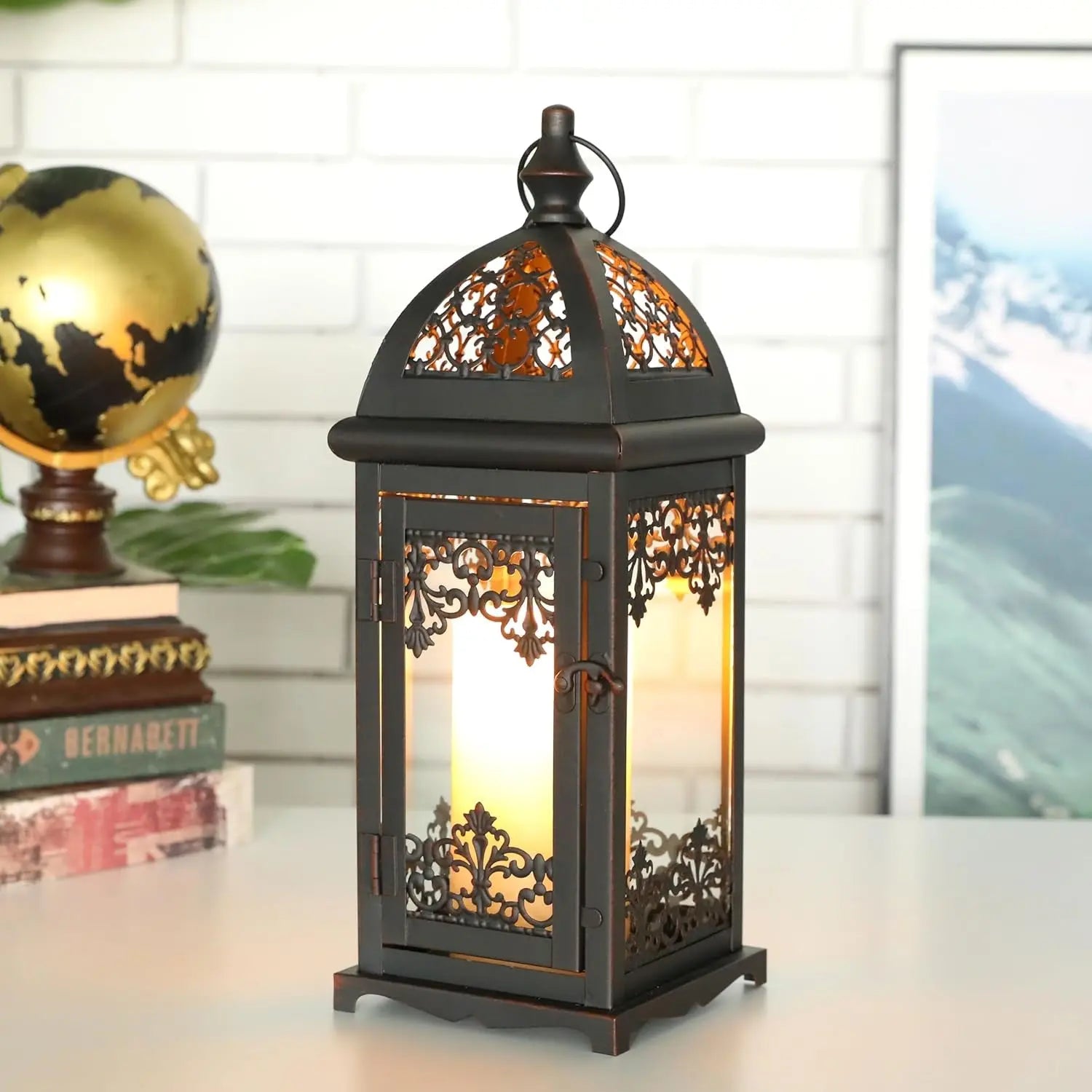 15" Black And Clear Metal And Glass Filigree Tabletop Lantern Candle Holder Homeroots Home Decor