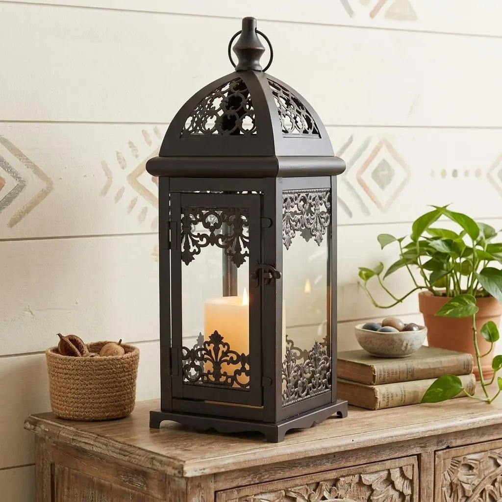 15" Black And Clear Metal And Glass Filigree Tabletop Lantern Candle Holder Homeroots Home Decor