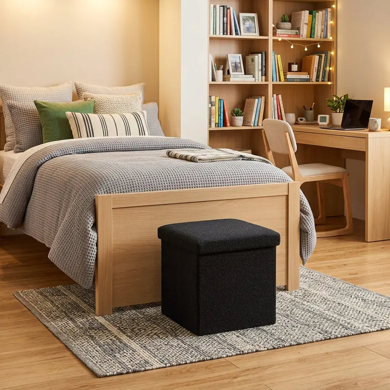 15" Black Boucle Cube Storage Ottoman Homeroots Living Room