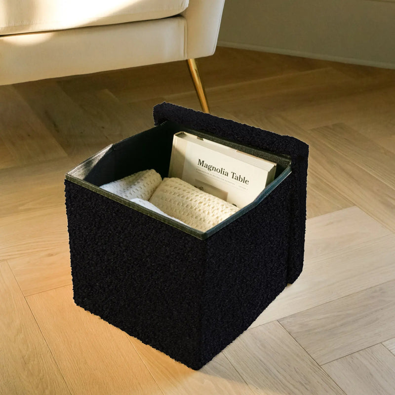 15" Black Boucle Cube Storage Ottoman Homeroots Living Room