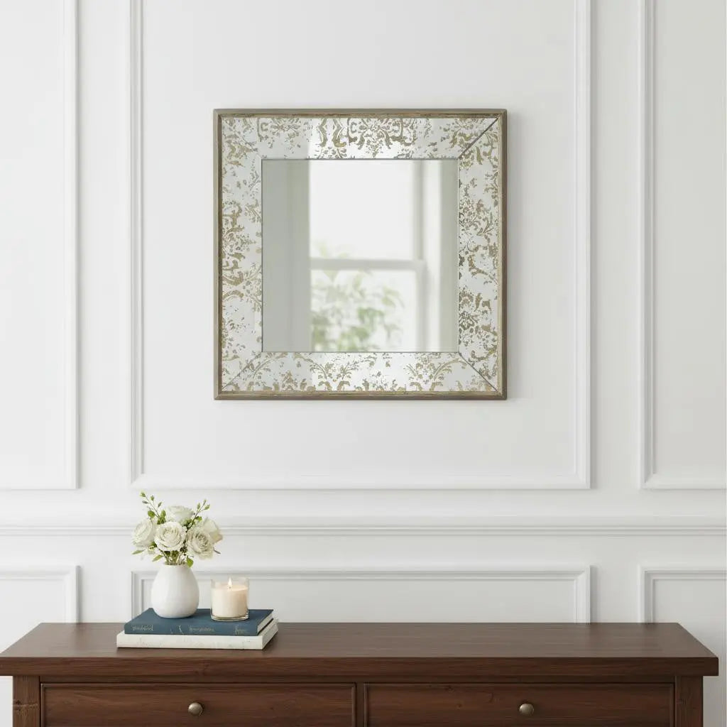 15" Brown Square Framed Antiqued Damask Accent Mirror Homeroots Bed & Bath