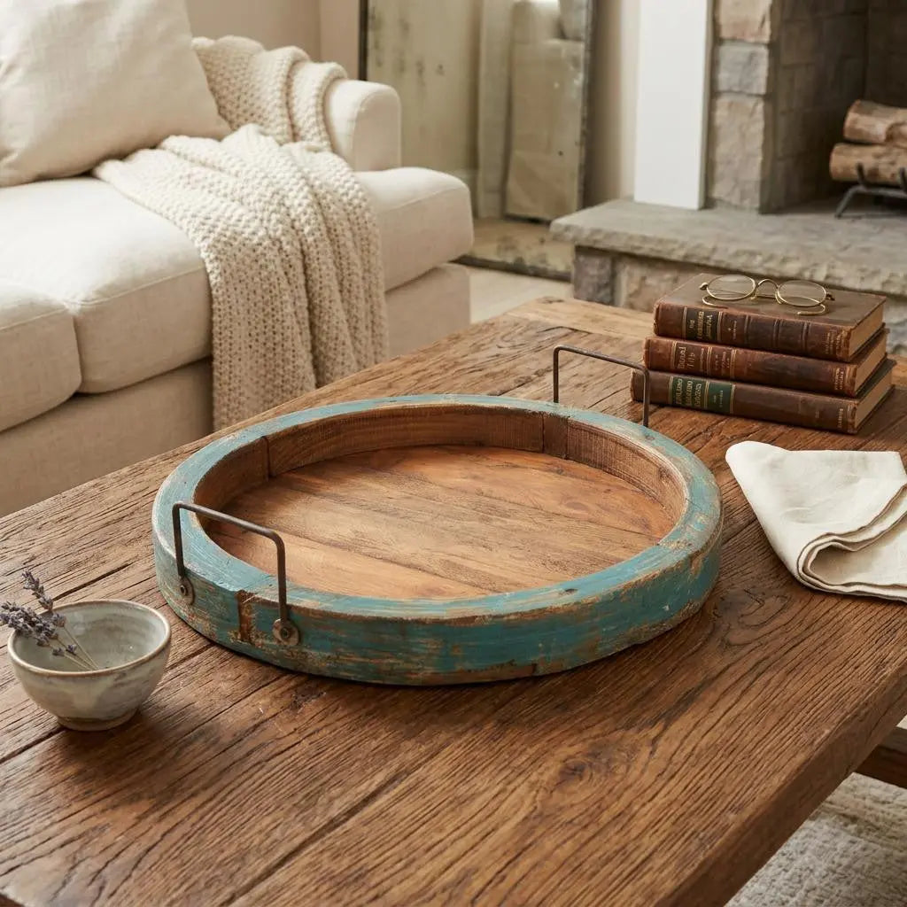 15" Natural And Turquoise Solid Wood Handmade Round Serving Tray With Handles Homeroots Kitchen & Dining