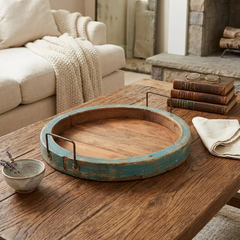 15" Natural And Turquoise Solid Wood Handmade Round Serving Tray With Handles Homeroots Kitchen & Dining