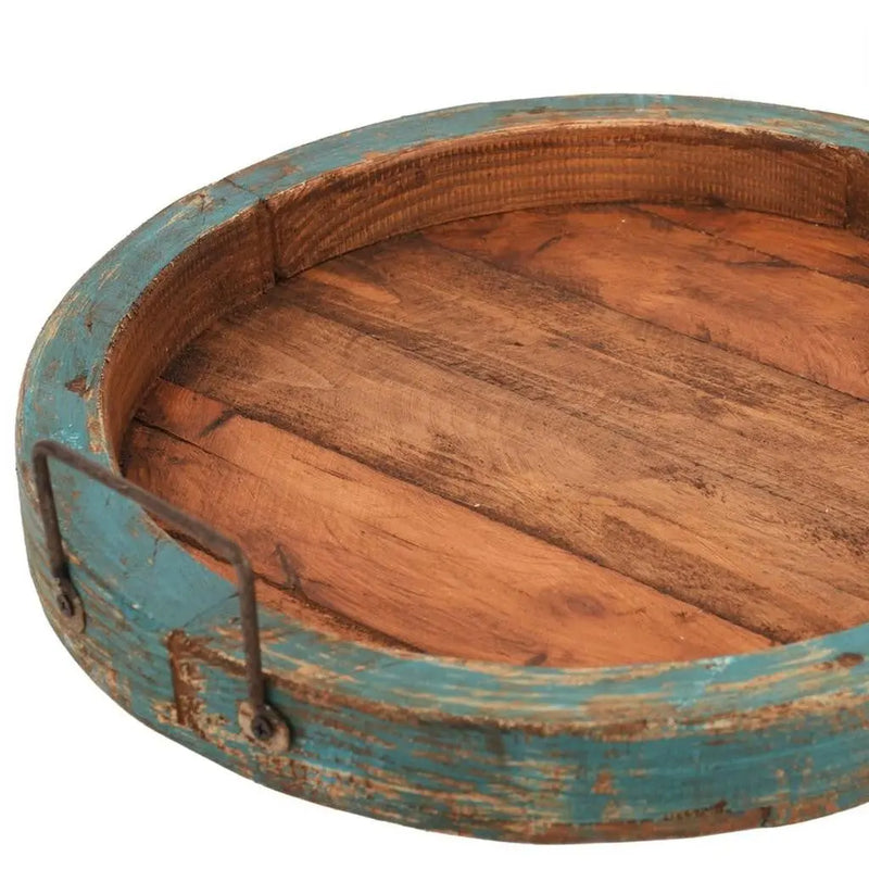 15" Natural And Turquoise Solid Wood Handmade Round Serving Tray With Handles Homeroots Kitchen & Dining
