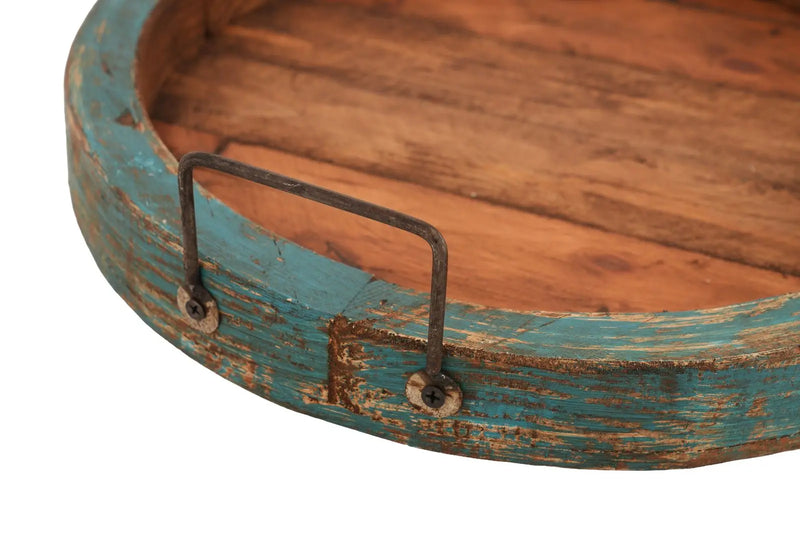 15" Natural And Turquoise Solid Wood Handmade Round Serving Tray With Handles Homeroots Kitchen & Dining