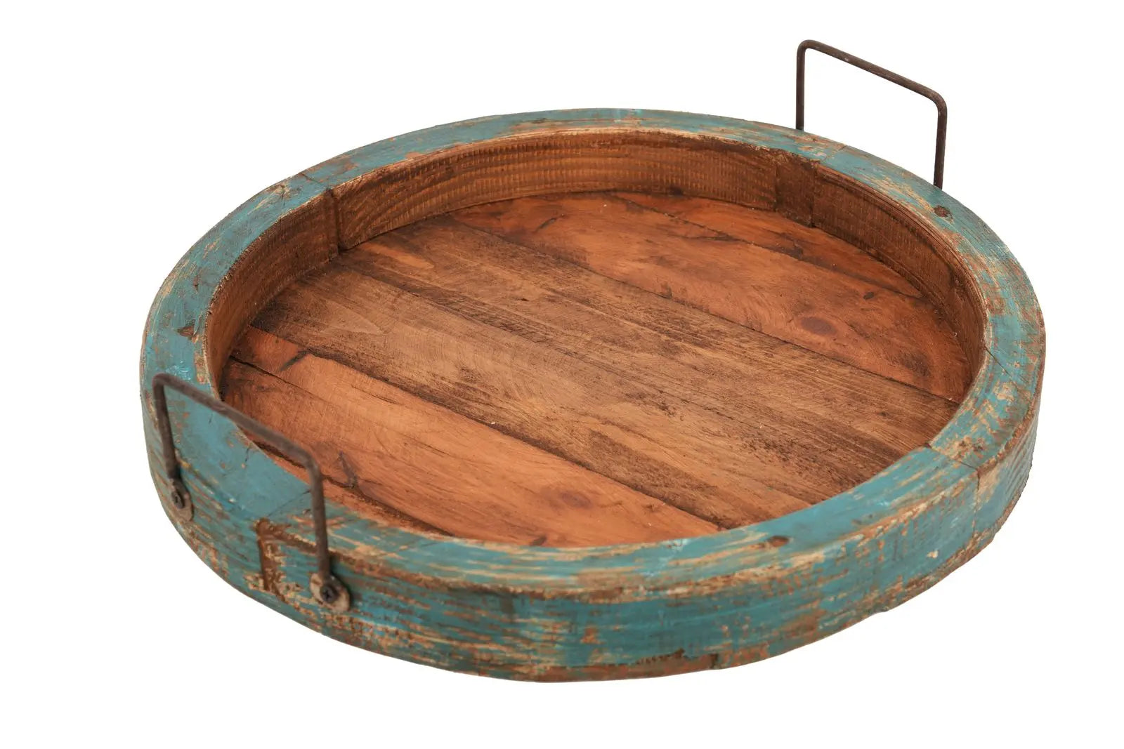 15" Natural And Turquoise Solid Wood Handmade Round Serving Tray With Handles Homeroots Kitchen & Dining