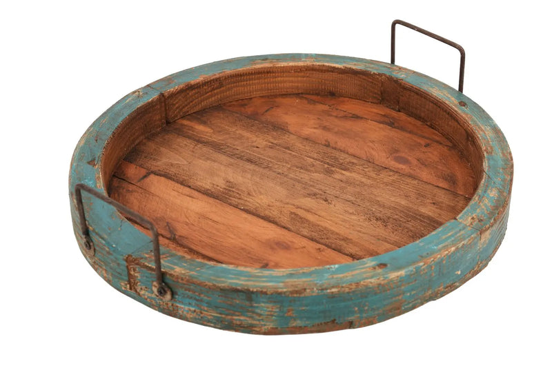 15" Natural And Turquoise Solid Wood Handmade Round Serving Tray With Handles Homeroots Kitchen & Dining