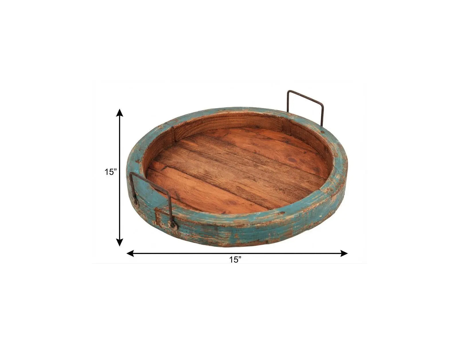 15" Natural And Turquoise Solid Wood Handmade Round Serving Tray With Handles Homeroots Kitchen & Dining