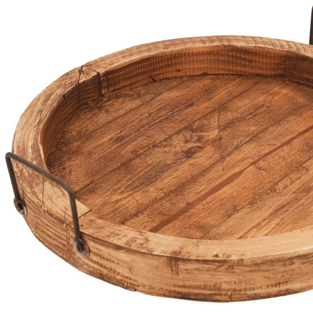 15" Natural Solid Wood Handmade Round Serving Tray With Handles Homeroots Kitchen & Dining