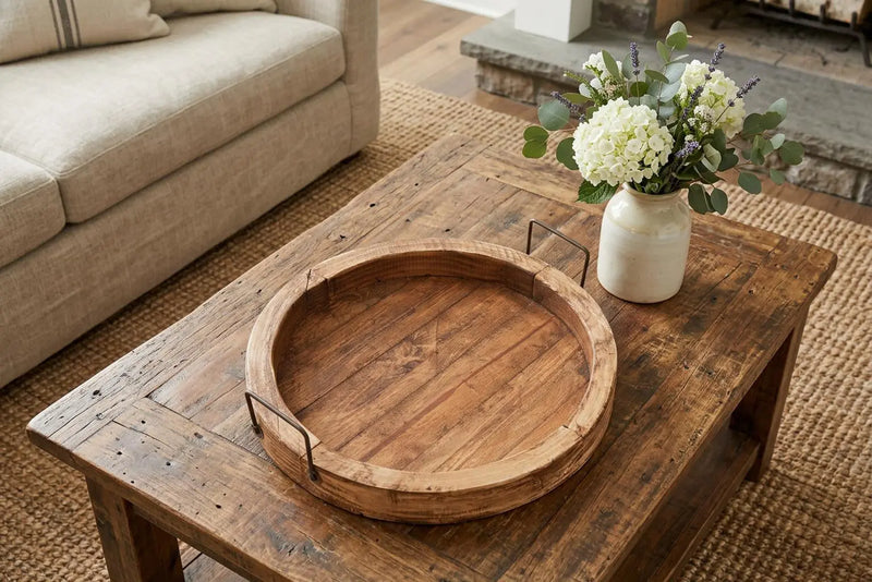 15" Natural Solid Wood Handmade Round Serving Tray With Handles Homeroots Kitchen & Dining