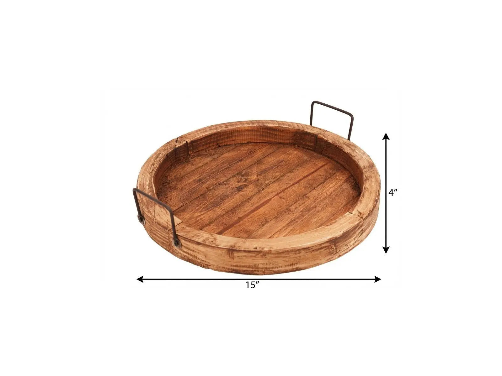 15" Natural Solid Wood Handmade Round Serving Tray With Handles Homeroots Kitchen & Dining