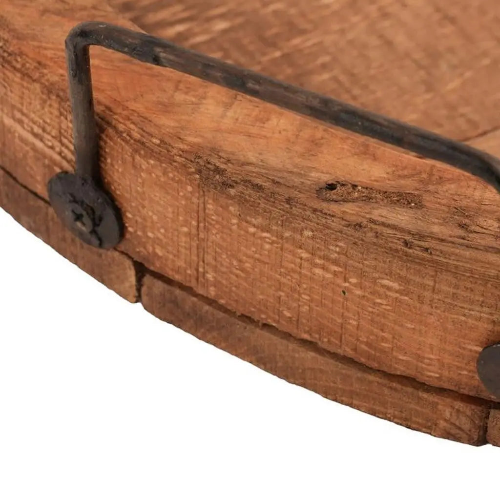 15" Natural Solid Wood Handmade Round Serving Tray With Handles Homeroots Kitchen & Dining