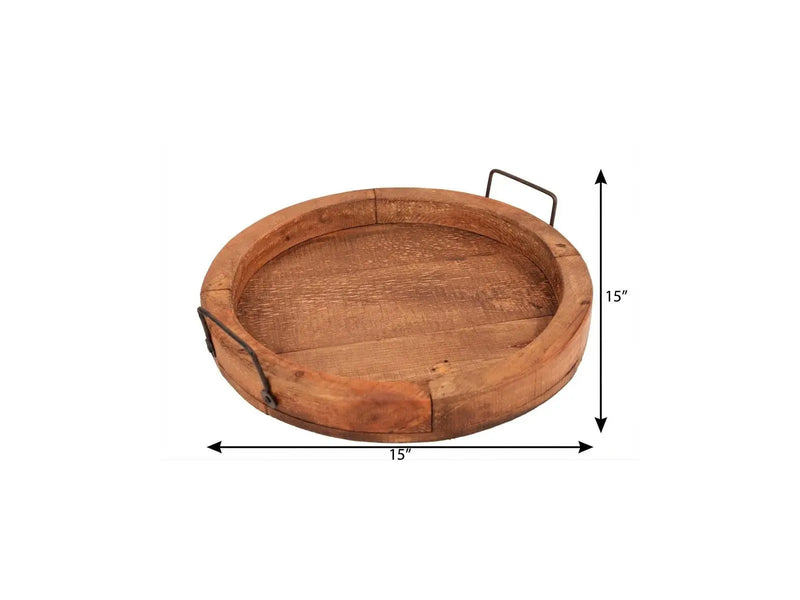 15" Natural Solid Wood Handmade Round Serving Tray With Handles Homeroots Kitchen & Dining