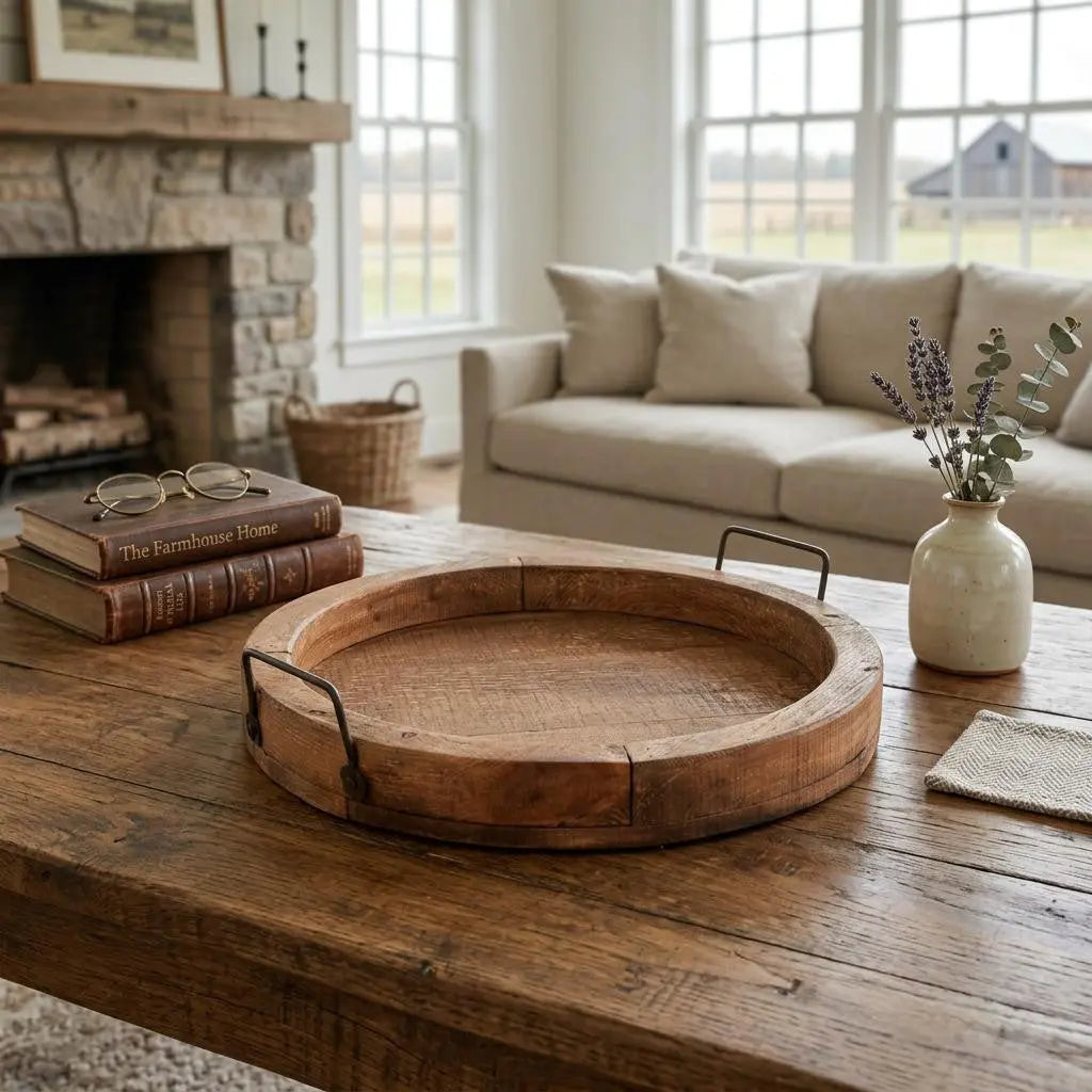 15" Natural Solid Wood Handmade Round Serving Tray With Handles Homeroots Kitchen & Dining