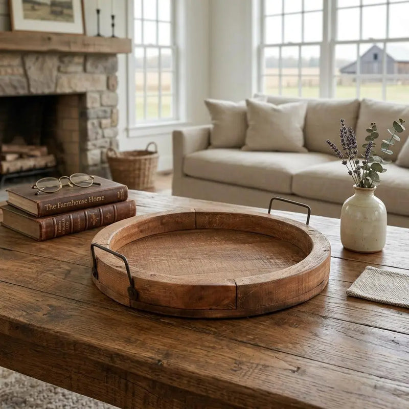15" Natural Solid Wood Handmade Round Serving Tray With Handles Homeroots Kitchen & Dining