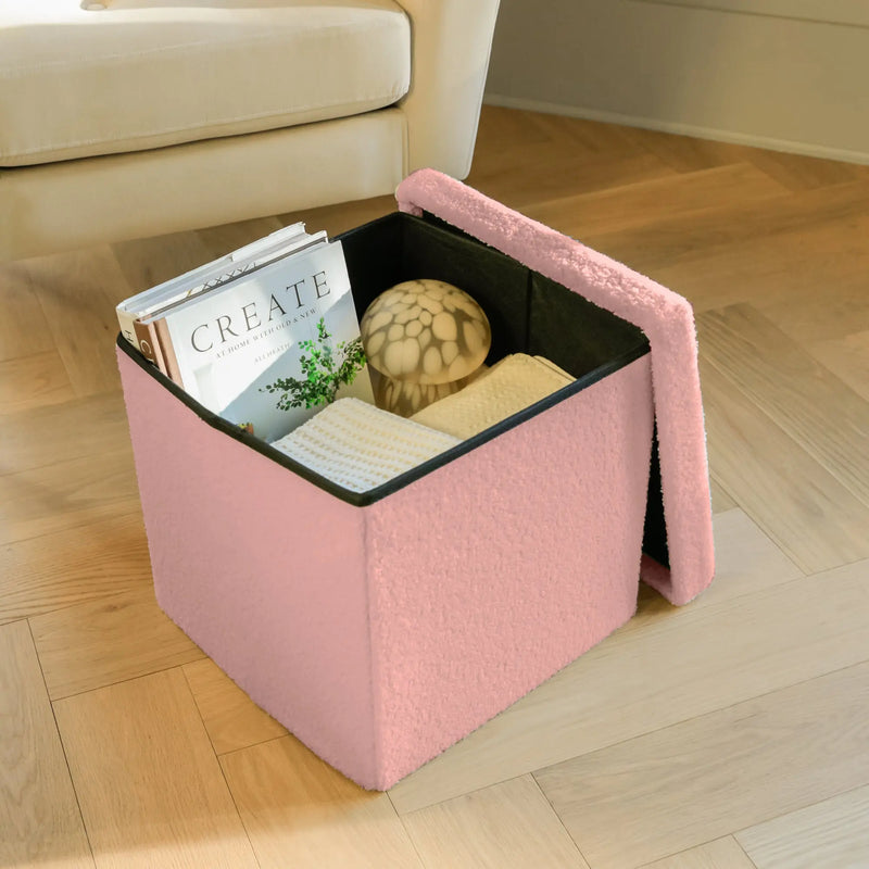 15" Pink Boucle Cube Storage Ottoman Homeroots Living Room
