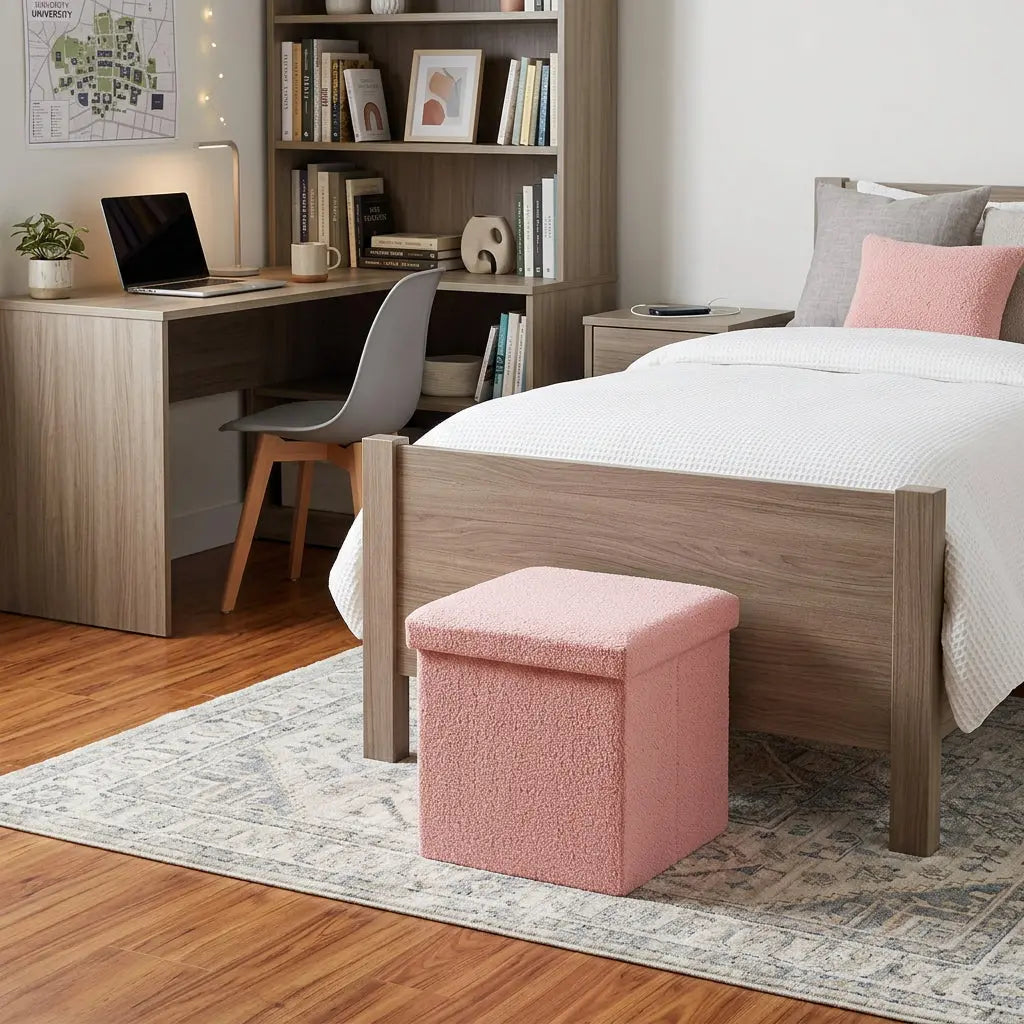 15" Pink Boucle Cube Storage Ottoman Homeroots Living Room