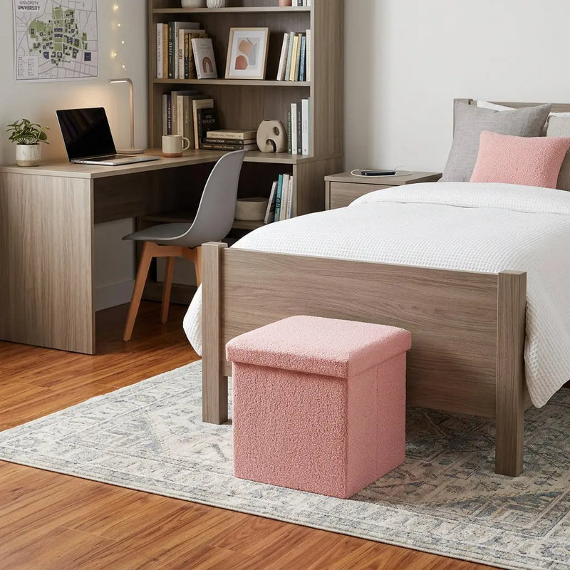 15" Pink Boucle Cube Storage Ottoman Homeroots Living Room