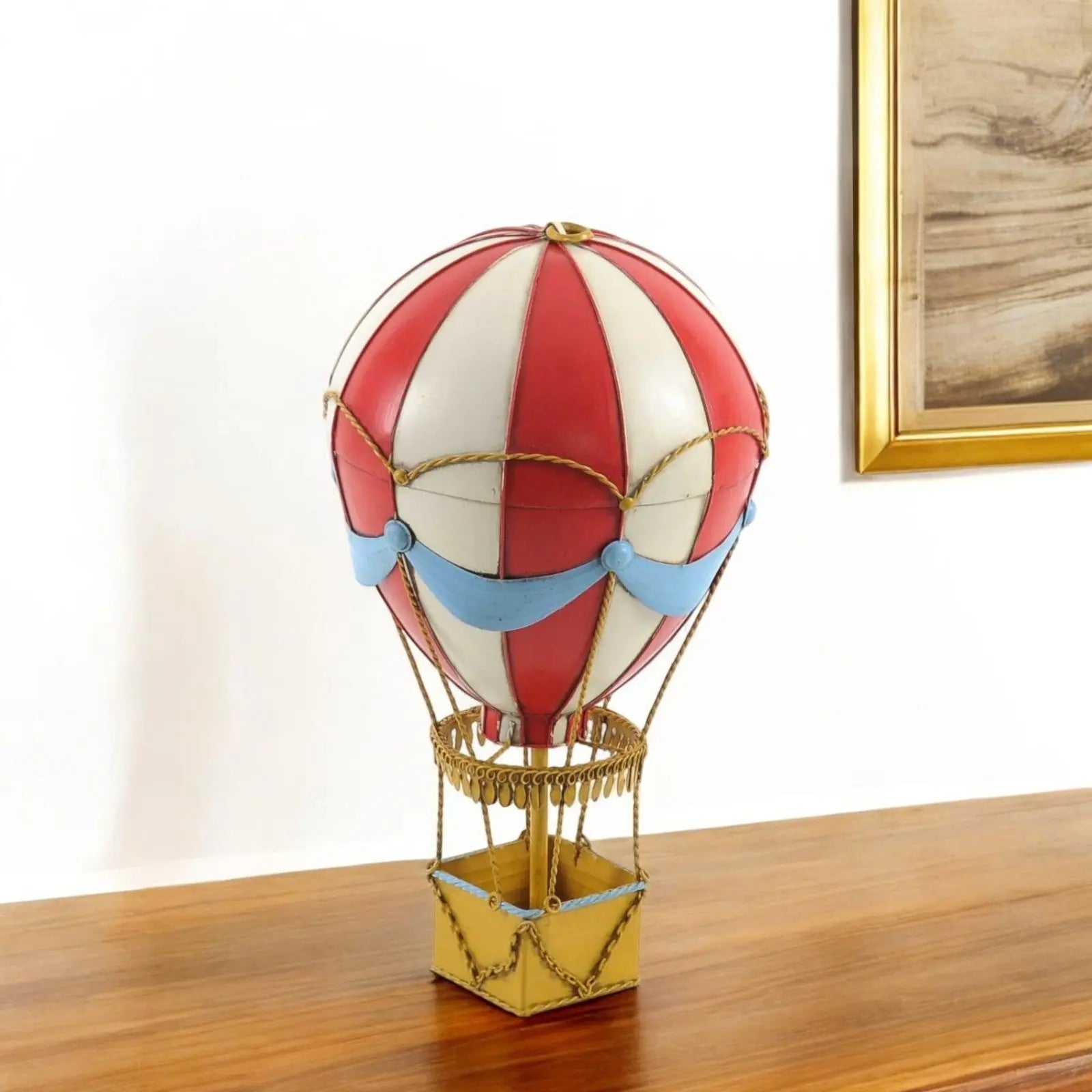 15" Red And White Metal Hand Painted Hot Air Balloon Tabletop Sculpture Homeroots Home Decor