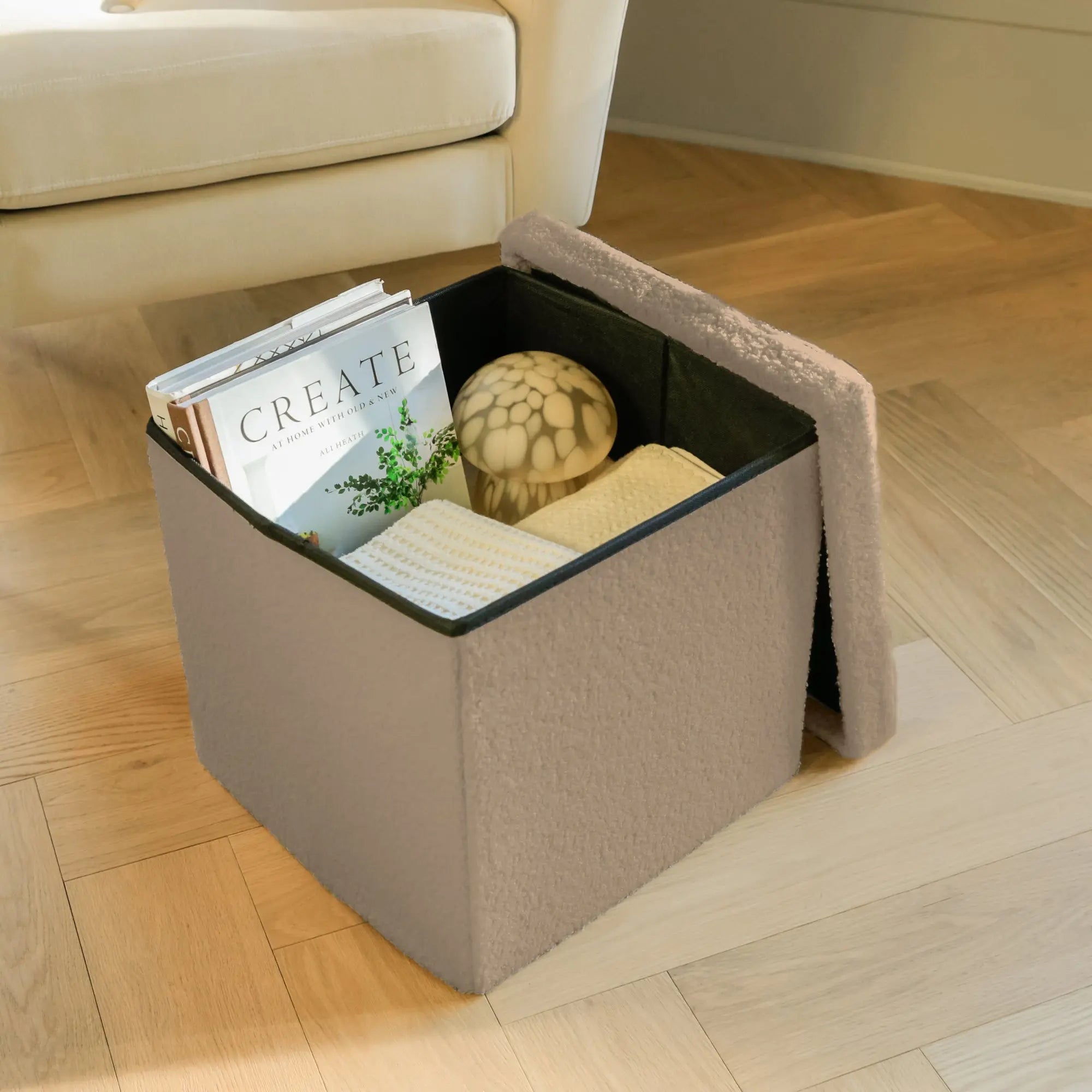 15" Taupe Boucle Cube Storage Ottoman Homeroots Living Room