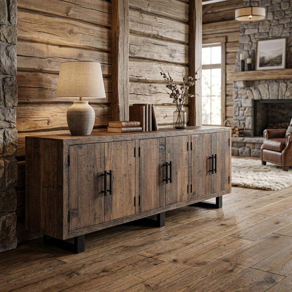 100" Dark Brown Distressed Reclaimed Wood Sideboard with Six Doors - Kitchen & Dining