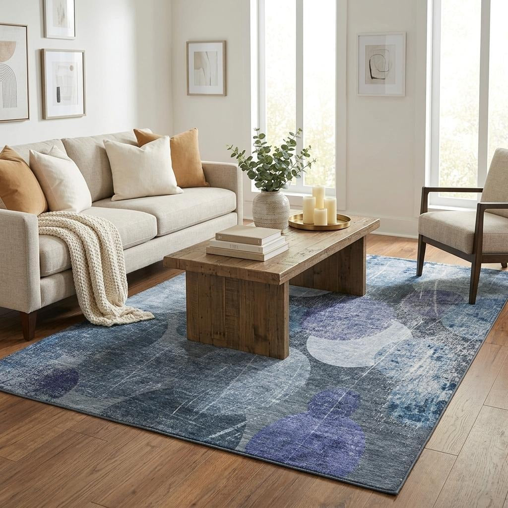 5' X 8' Blue And Denim Blue Geometric Shag Washable Area Rug With UV Protection - Home & Garden