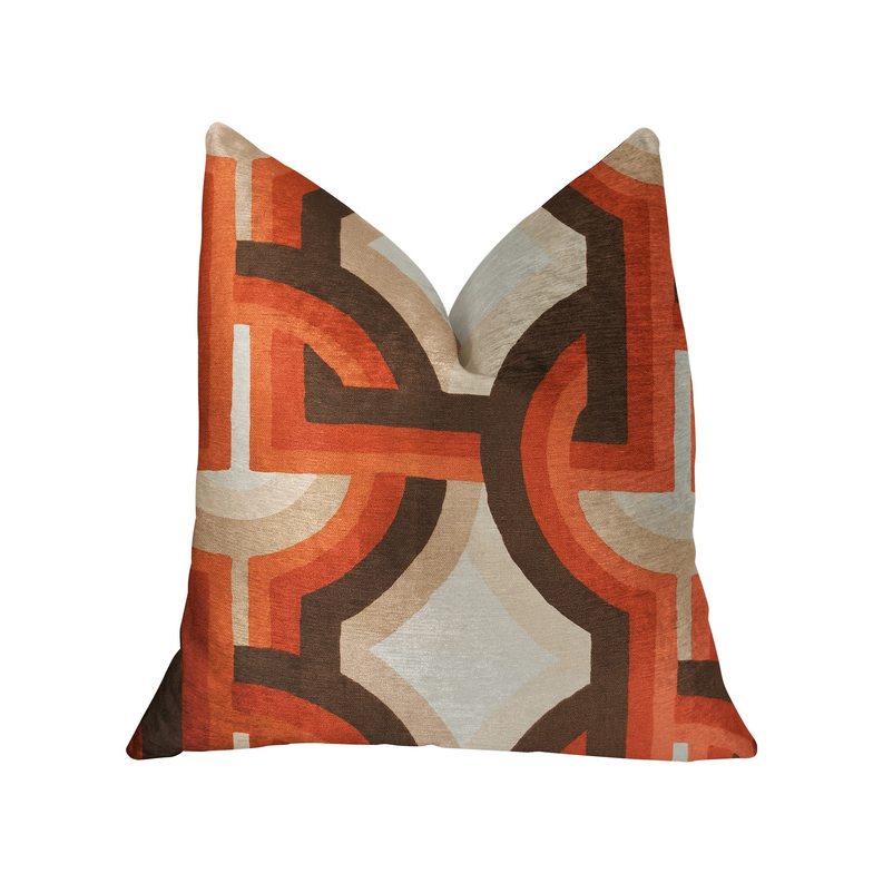 Multicolor throw pillow featuring bold geometric Greek key pattern in orange, brown, and cream