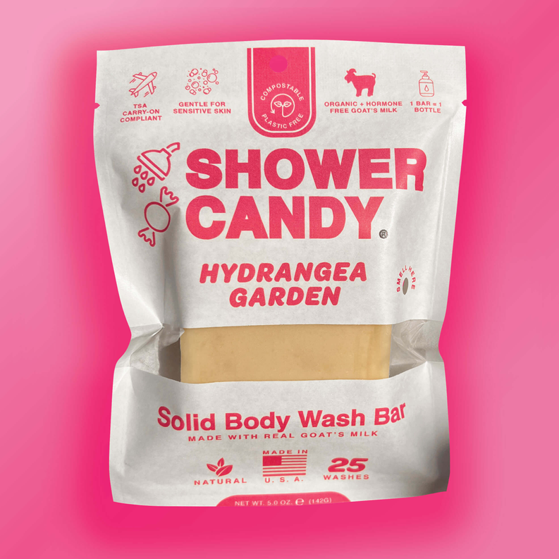Solid body wash bar, hydrangea garden scent, in sealed Shower Candy bag