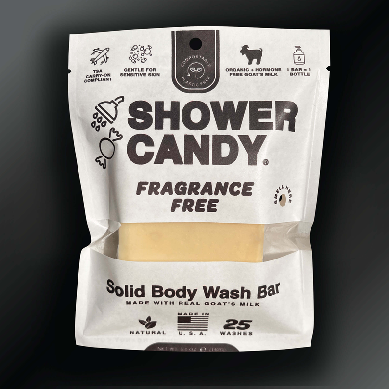 Solid body wash bar, fragrance-free, in sealed Shower Candy bag