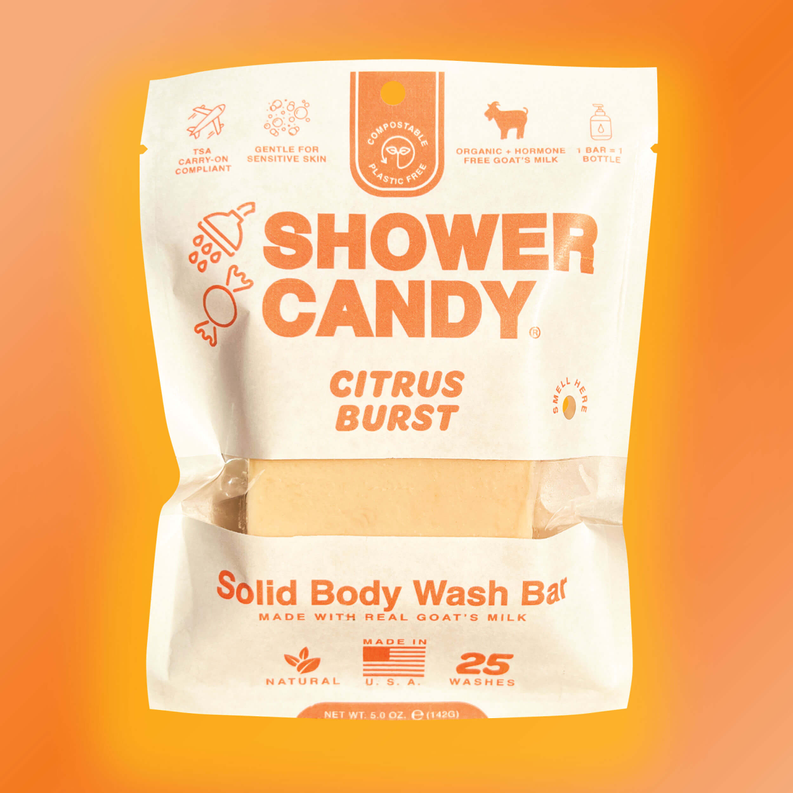 Solid body wash bar, citrus burst scent, in sealed Shower Candy bag