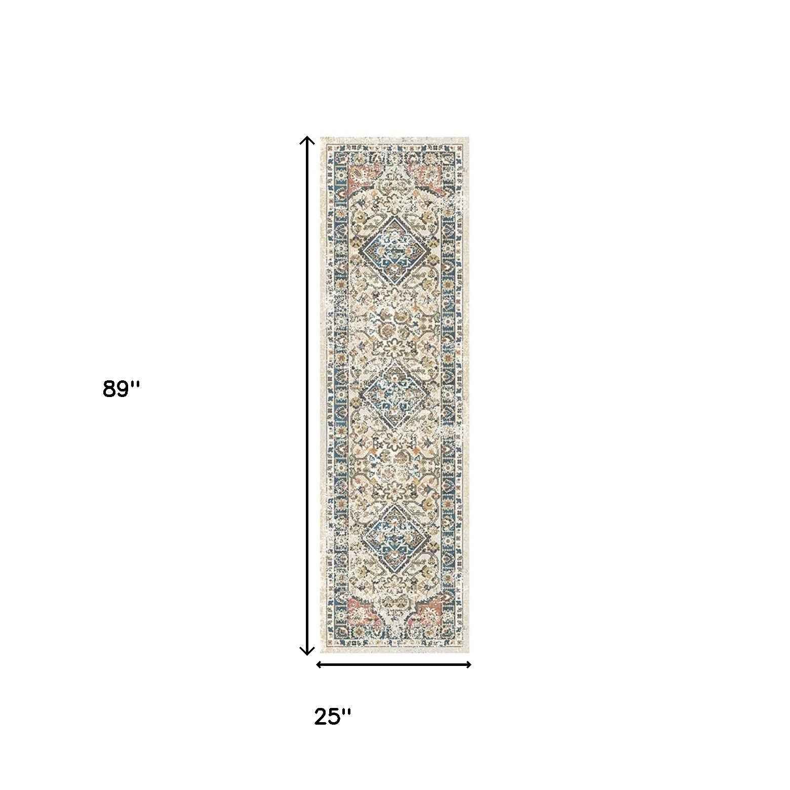 8' Beige Oriental Distressed Runner Rug With Fringe