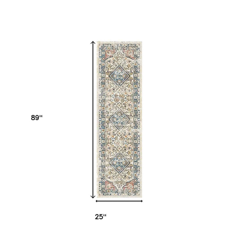 8' Beige Oriental Distressed Runner Rug With Fringe