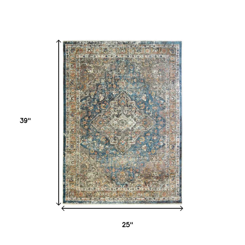 2' x 3' Blue and Brown Oriental Distressed Area Rug With Fringe