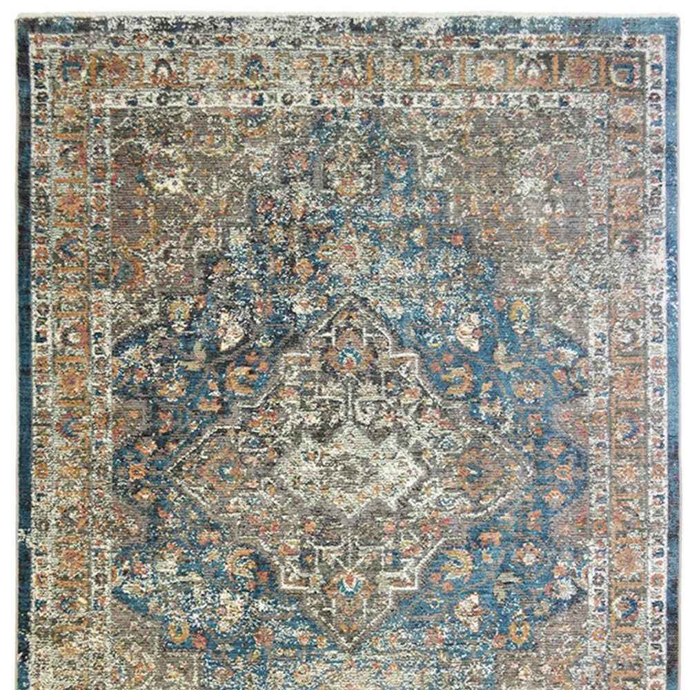 2' x 3' Blue and Brown Oriental Distressed Area Rug With Fringe