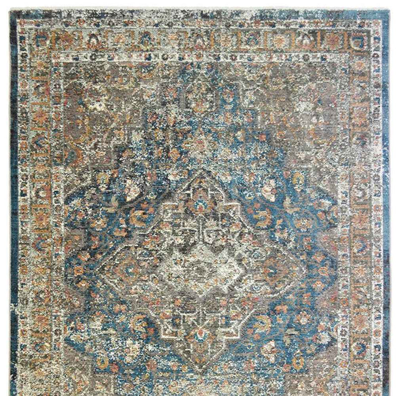 2' x 3' Blue and Brown Oriental Distressed Area Rug With Fringe