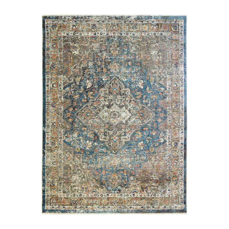 2' x 3' Blue and Brown Oriental Distressed Area Rug With Fringe
