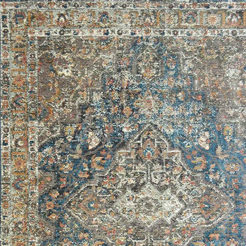 2' x 3' Blue and Brown Oriental Distressed Area Rug With Fringe