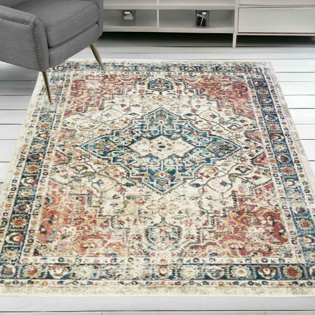 5' x 8' Beige Oriental Distressed Area Rug With Fringe