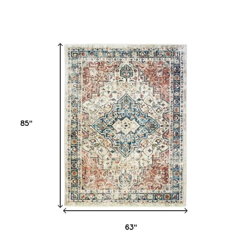 5' x 8' Beige Oriental Distressed Area Rug With Fringe