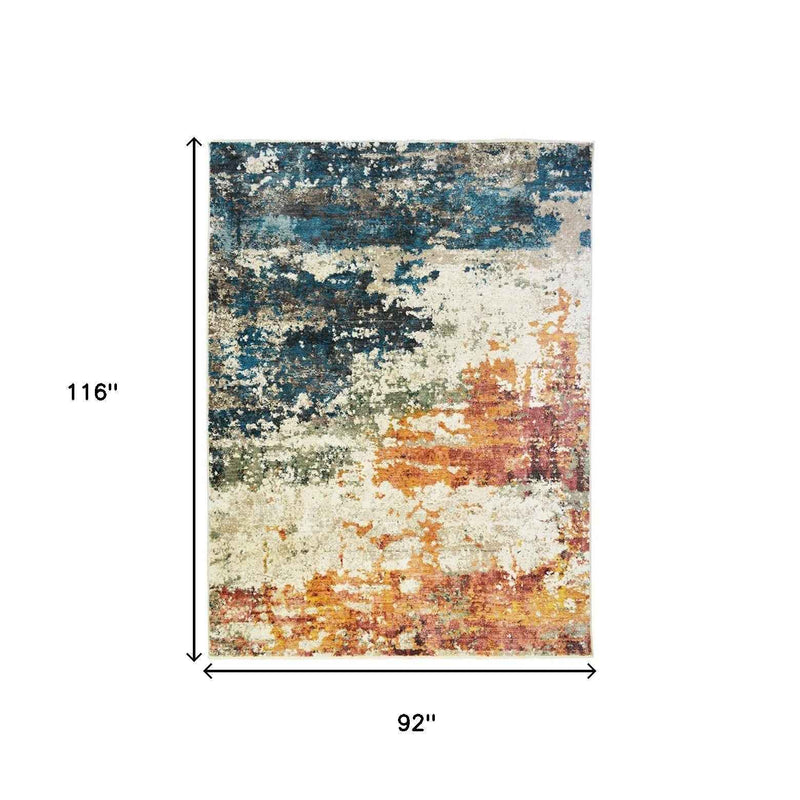 8' x 10' Beige Blue and Ivory Abstract Distressed Area Rug With Fringe