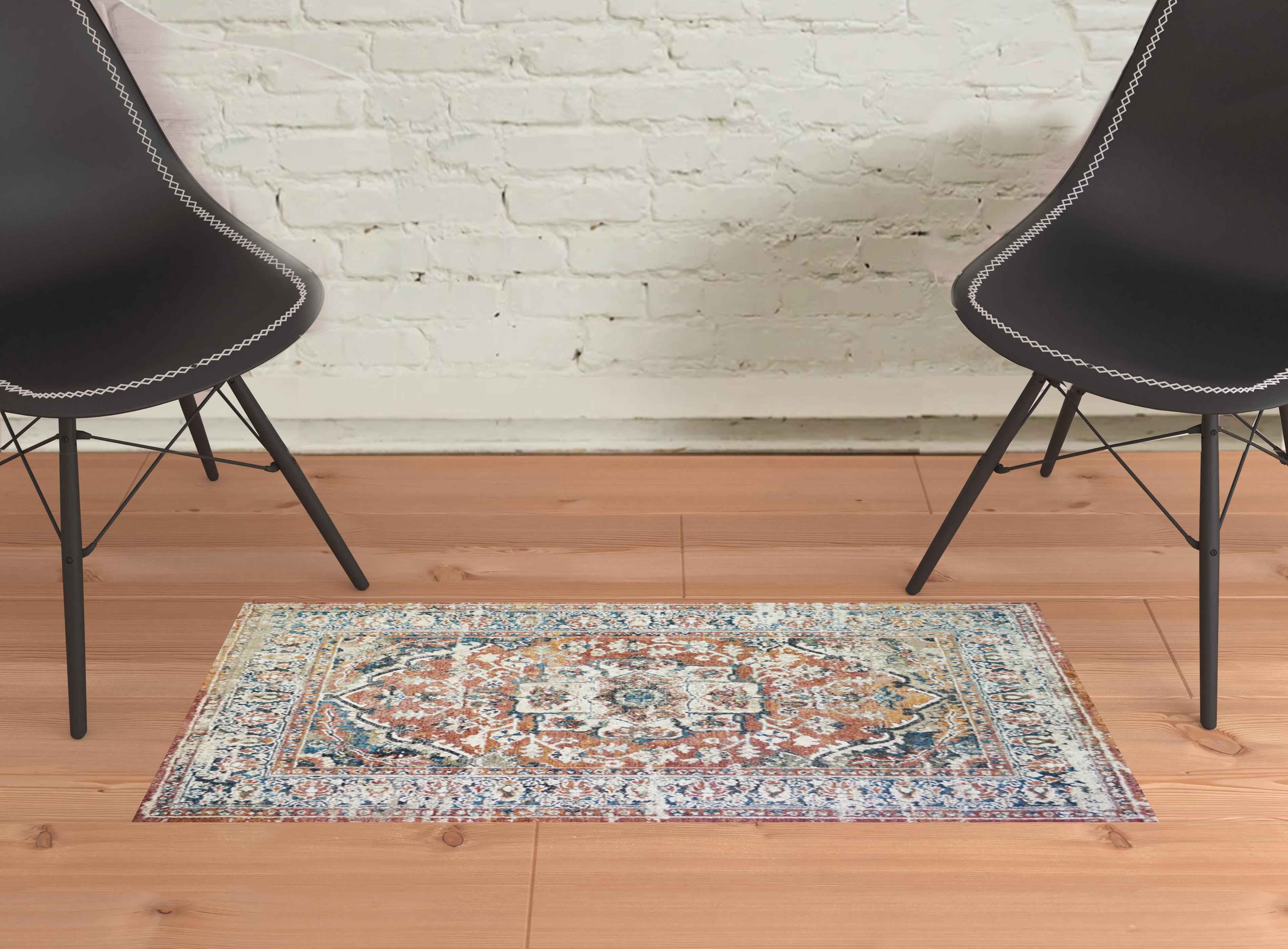 2' x 3' Rust Oriental Distressed Area Rug With Fringe