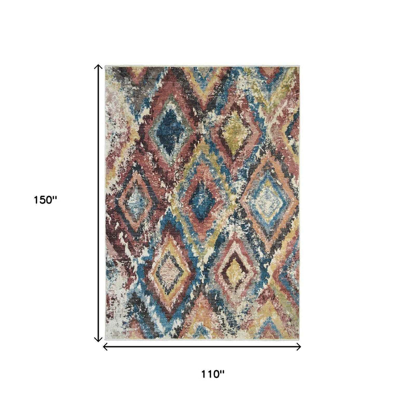 9' X 13' Blue Geometric Distressed Area Rug With Fringe